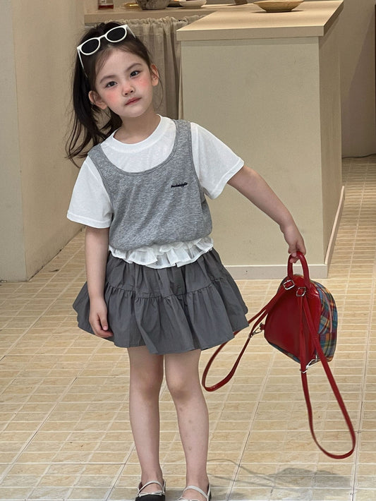 Layered Short-Sleeve T-shirt Lace Skirt ドッキング 半袖Tシャツ フリルスカート【mh0013303】