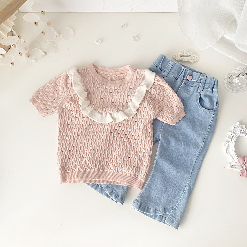 Baby Kids Openwork Knit Ruffled Summer Top Backless Short Sleeve T-Shirt [mh0002013]