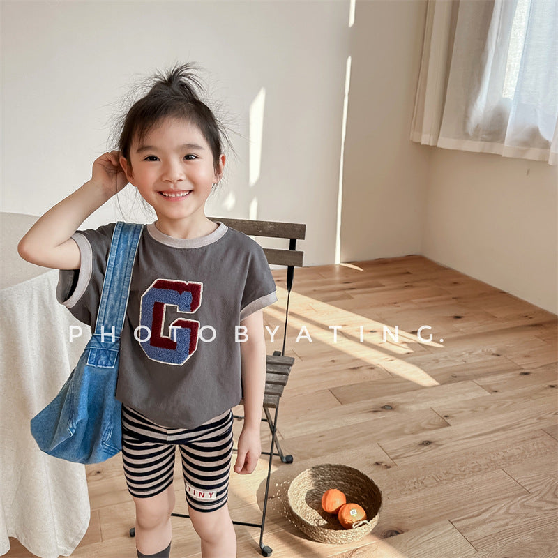 Kids' Alphabet Patchwork Applique Ringer Loose Short-Sleeved T-Shirt [mh0001820]