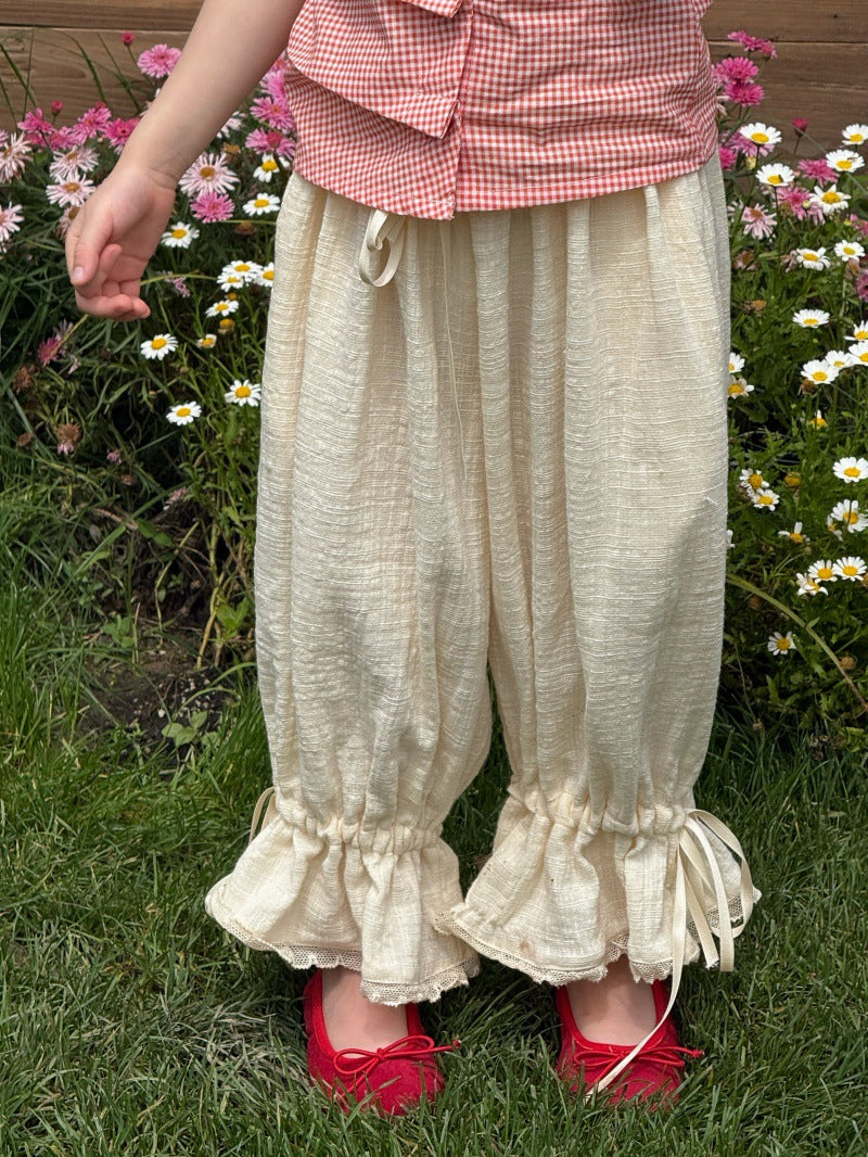Asymmetric Plaid Shirt Long Pants 半袖パフスリーブブラウス フリルロングパンツ【mh0013236】