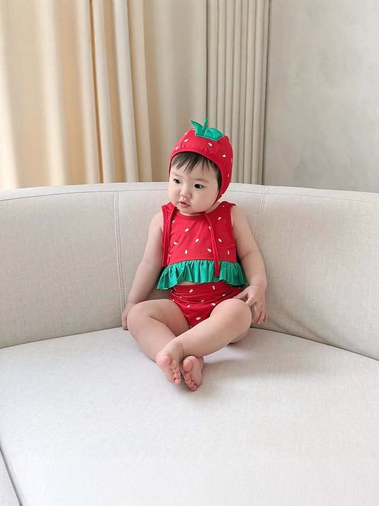 Watermelon Theme Three-Piece Swimwear スイカ タンキニ スイムパンツ スイムキャップ セット【mh0013364】