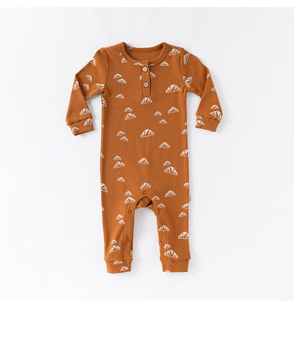 -クロワッサン/バードプリント長袖ジャンプスーツロンパース【mh0010736】 - mamahalo shop - 長袖ロンパース -  べビー服 - 子供服 - 男の子 - 女の子