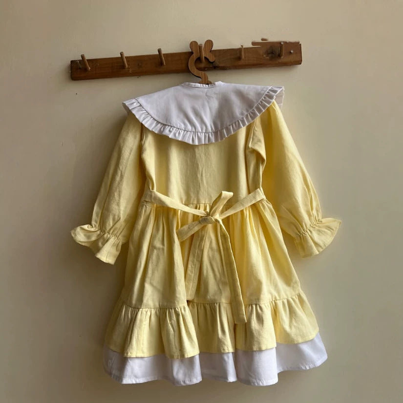 Kids' Long-Sleeve Dress with Ruffled Collar and Bow [mh0014755]