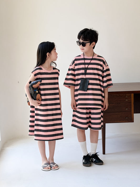 Stripe Loose T-shirt Dress And Shorts Set ボーダー 半袖Tシャツ ハーフパンツ ノースリーブワンピース【mh0013520】