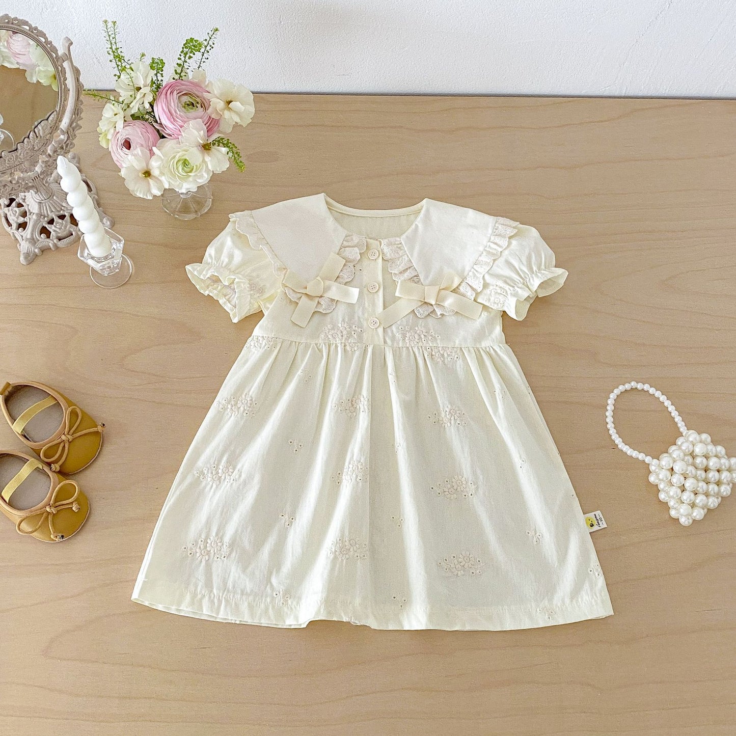 Baby Kids Lace Collar Ribbon Embroidery Puff Sleeve Short Sleeve Romper Dress [mh0013846]