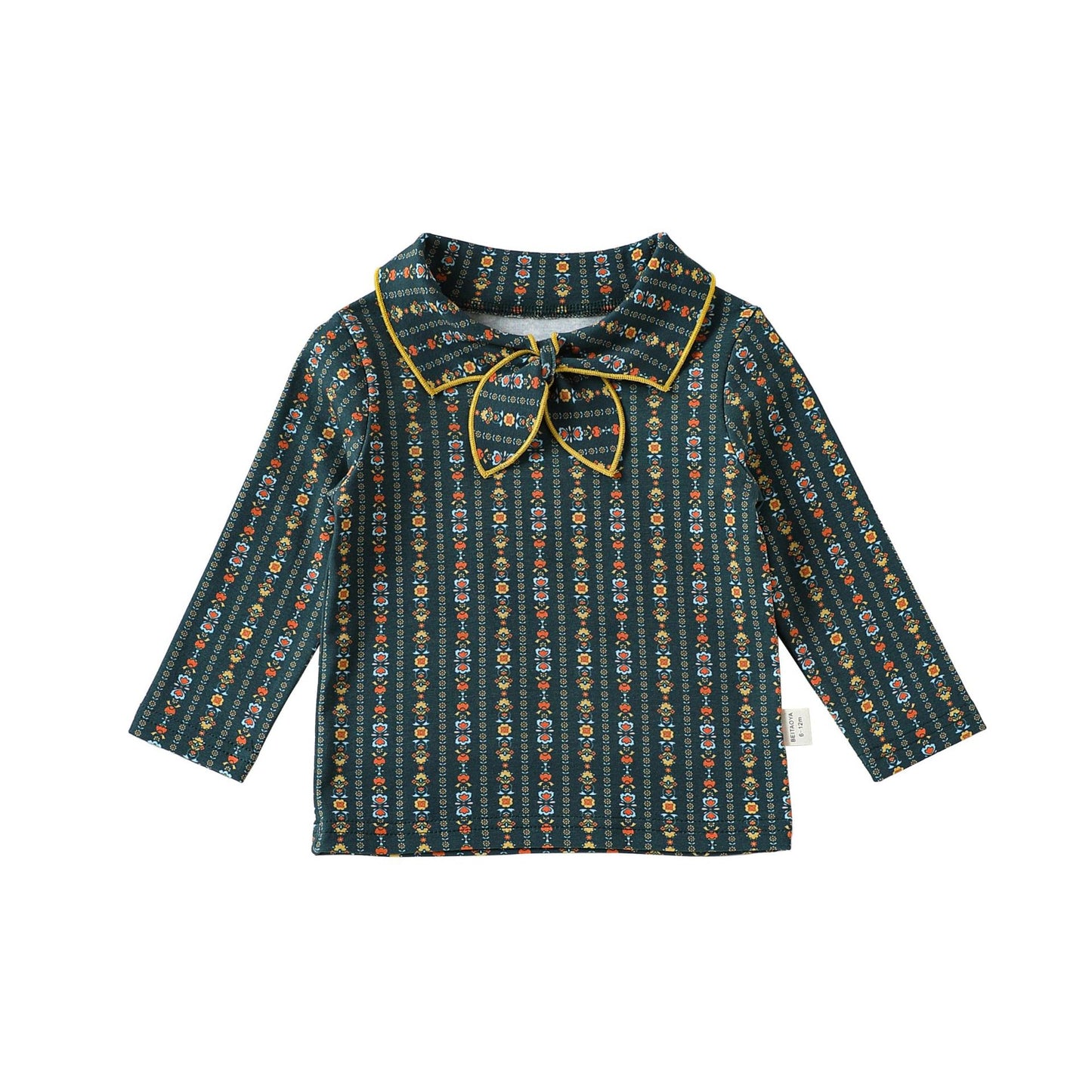 ベビー キッズ 花柄 襟付き リボンタイ ストレッチ 長袖Tシャツ【mh0014145】