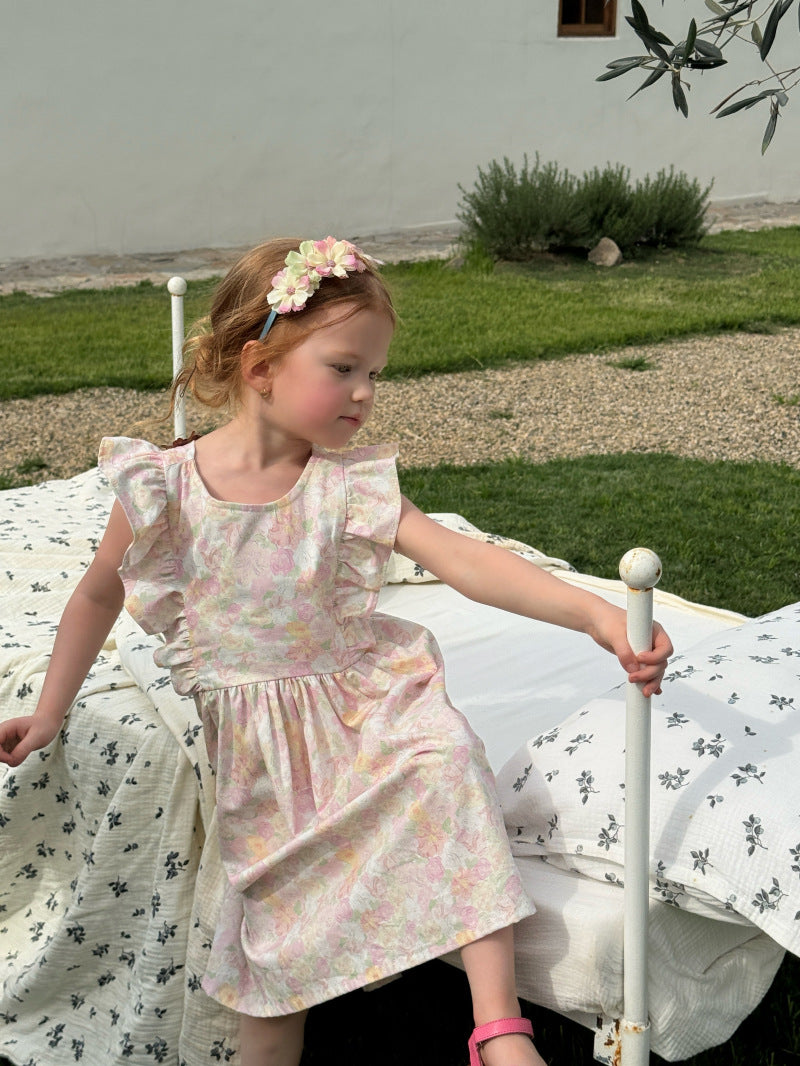 Flower Embellished Backless Frill Dress フローラル 肩フリル ノースリーブワンピース【mh0012813】