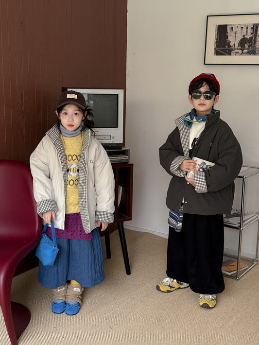 中綿ジャケット キッズ チェック柄 スタンドカラー 厚手 ショート丈 カジュアル アウター【mh0011667】