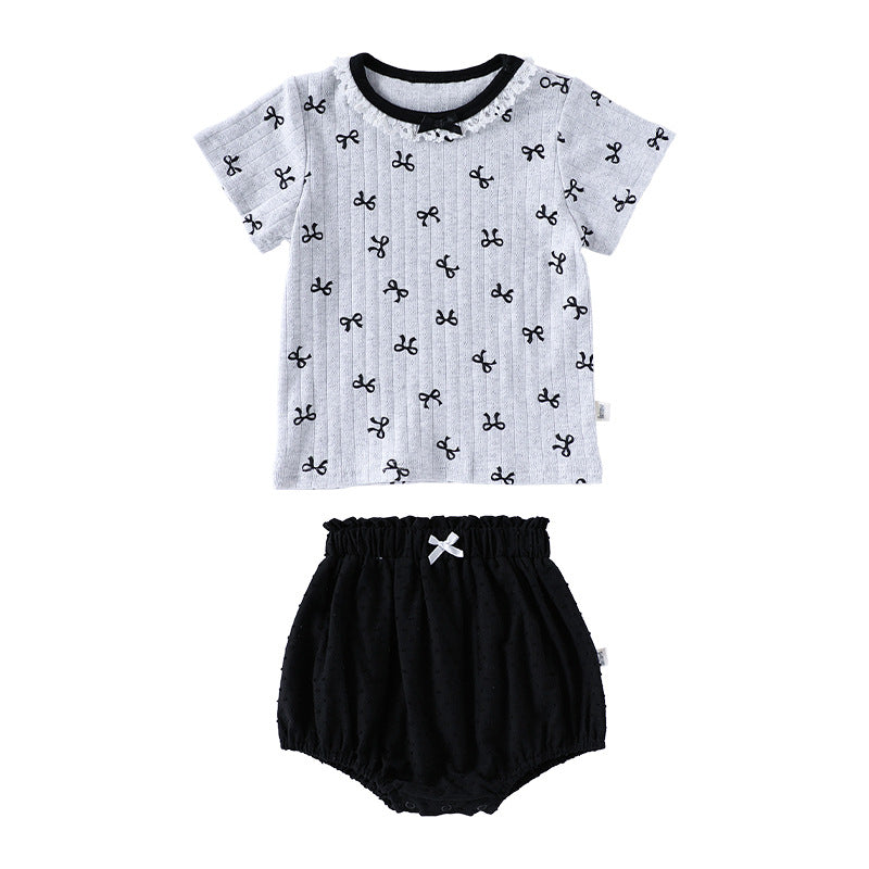 Ribbon Print Ruffle Neck Tee and Bloomer Set リボン 半袖Tシャツ ショートパンツ セット【mh0013599】