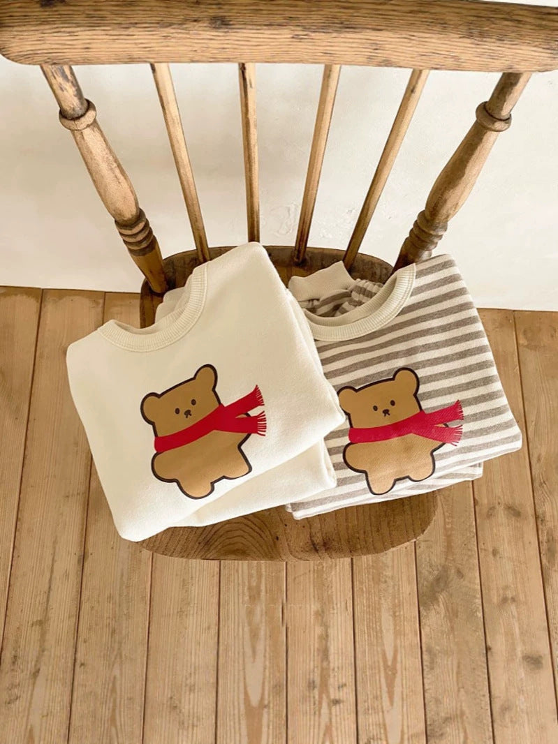 ベビー キッズ ベアプリント ボーダー 長袖Tシャツ ロングパンツ セット【mh0014640】