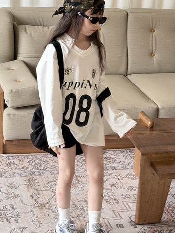 キッズ ジュニア 数字 英字 プリント ルーズ ビッグシルエット 長袖 Tシャツ【mh0014473】