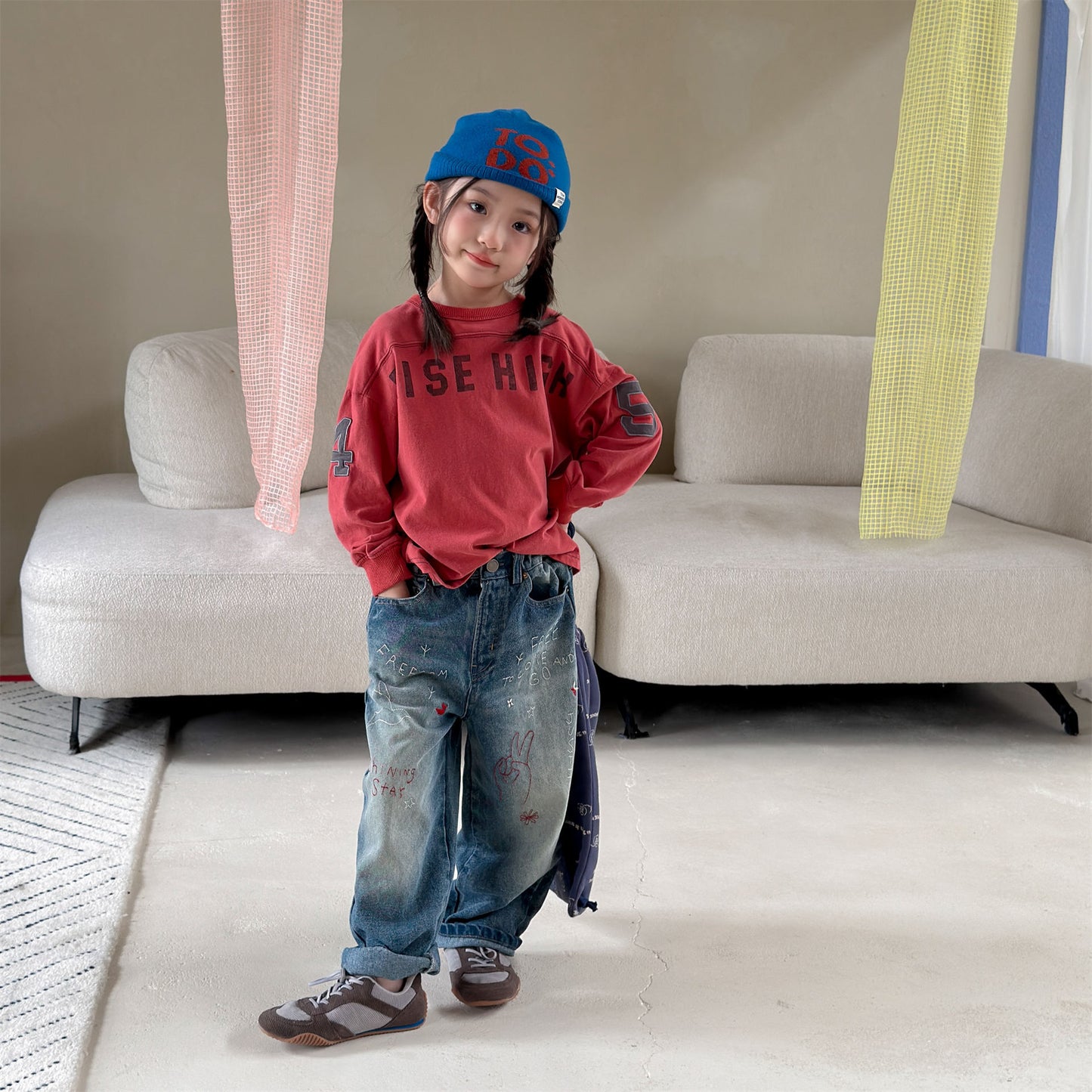 Kids' Hand-Drawn Print Pocket Loose Denim Pants [mh0014063]