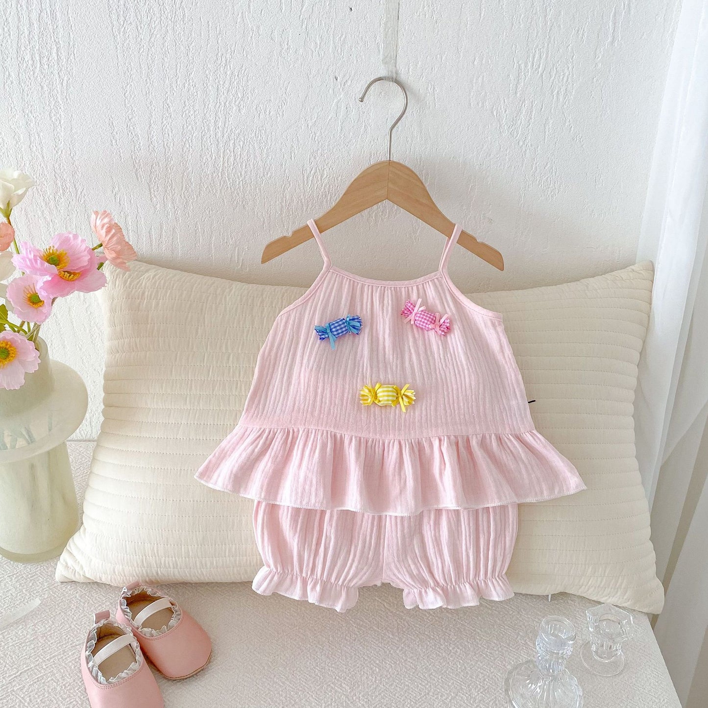 Candy Applique Gauze Frill Flared Set キャンディ キャミソール ショートパンツ セット【mh0013438】