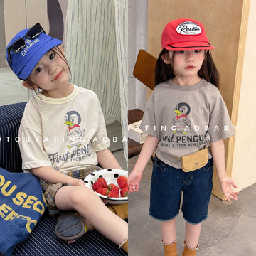 Penguin Illustration Print Short-sleeved T-shirt American Casual [mh0013716]