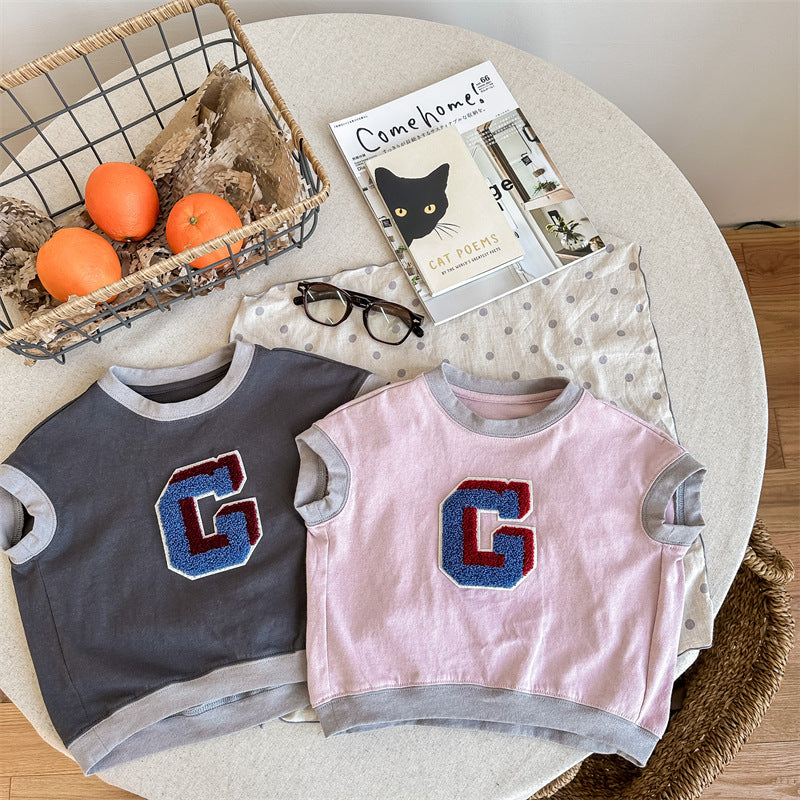 Kids' Alphabet Patchwork Applique Ringer Loose Short-Sleeved T-Shirt [mh0001820]