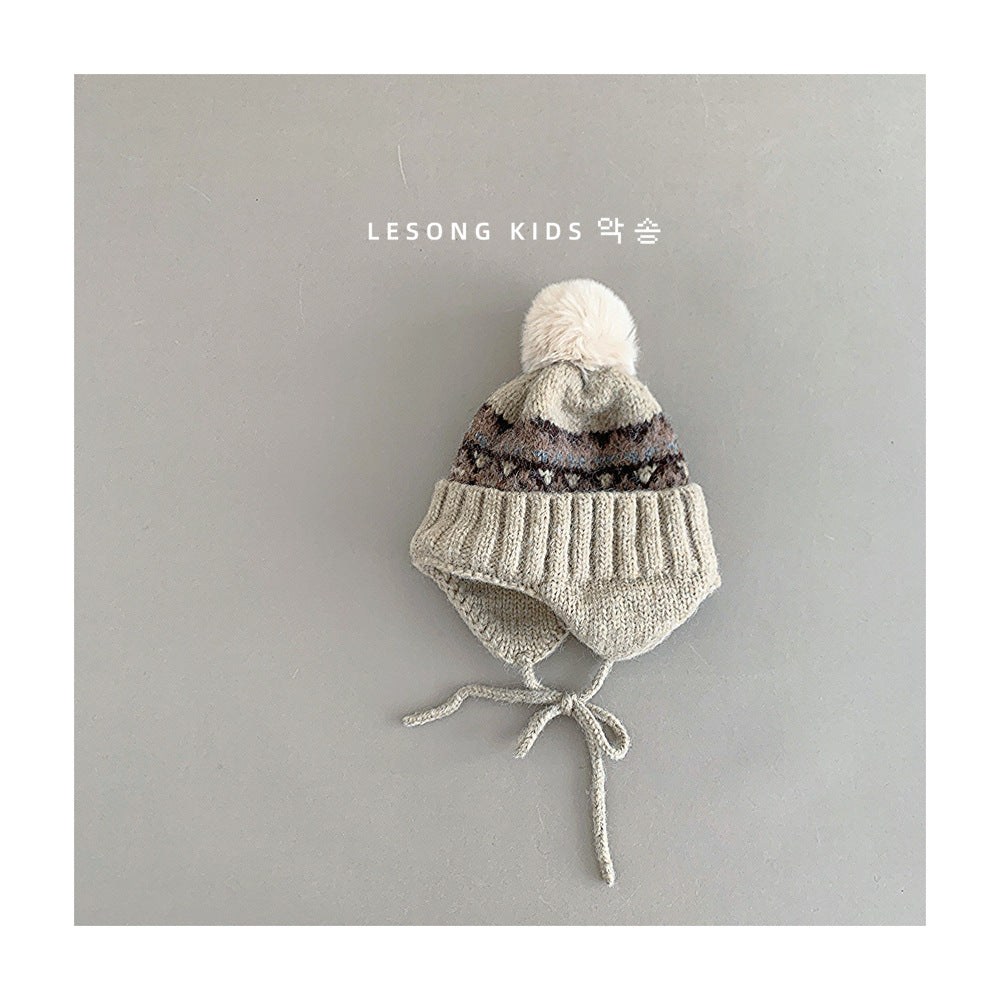 キッズ帽子 ニット トライバル ぽんぽん 耳当て付き ニットキャップ【mh0011839】