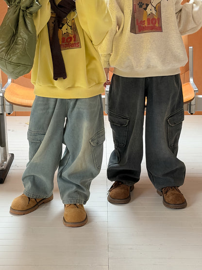 デニムカーゴパンツ 裏フリース ボーイフレンドストレート ポケット ジーンズ【mh0011876】