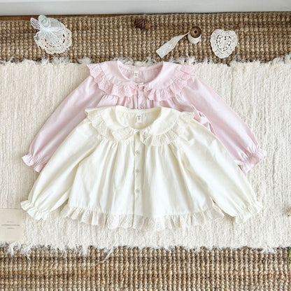 キッズ 刺繍 レース フリル 丸襟 長袖ブラウス【mh0014611】