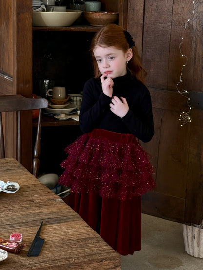 ハイネック長袖Tシャツ/ベルベッドメッシュドッキングスカート【mh0011888】