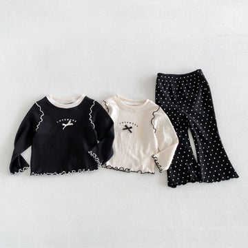 Kids' Logo Print Mellow Frill Ribbon Stitch Long Sleeve T-Shirt & Flare Pants [mh0014048]
