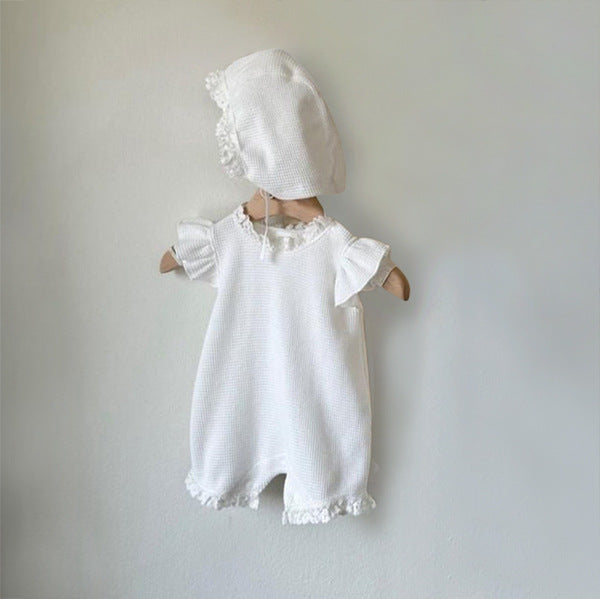 Waffle Lace Ruffle Sleeve Romper ワッフル 半袖ロンパース【mh0013510】