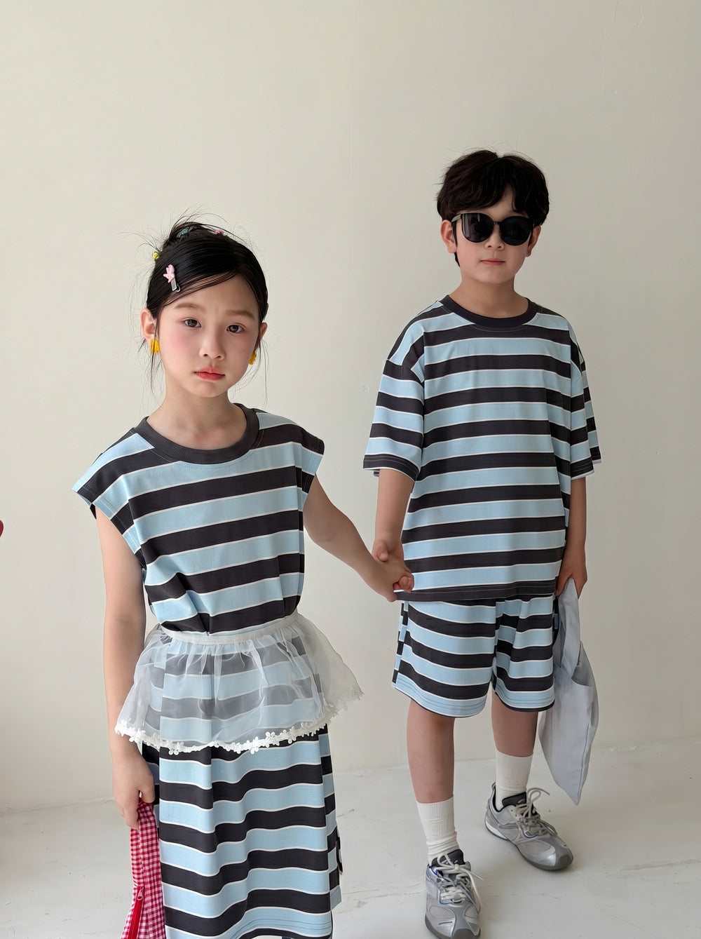 Casual Stripe Loose Dress Set ボーダー 半袖Tシャツ ハーフパンツ セット ノースリーブワンピース【mh0013537】