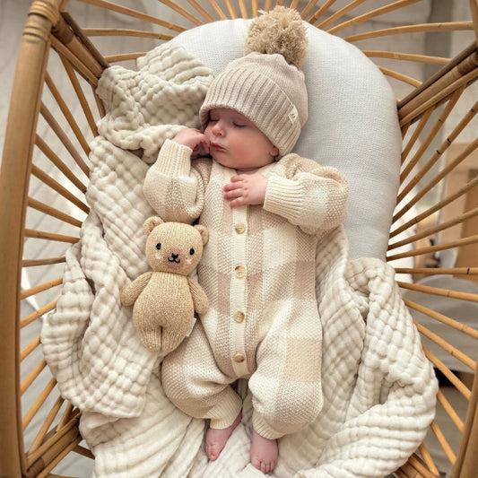 Baby Checkered Knit Long-Sleeve Romper with Hat【mh0014478】