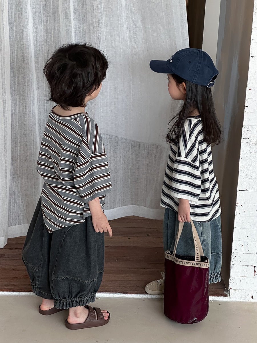 Striped Asymmetrical Hem Cotton Tops ボーダー 半袖Tシャツ【mh0013465】