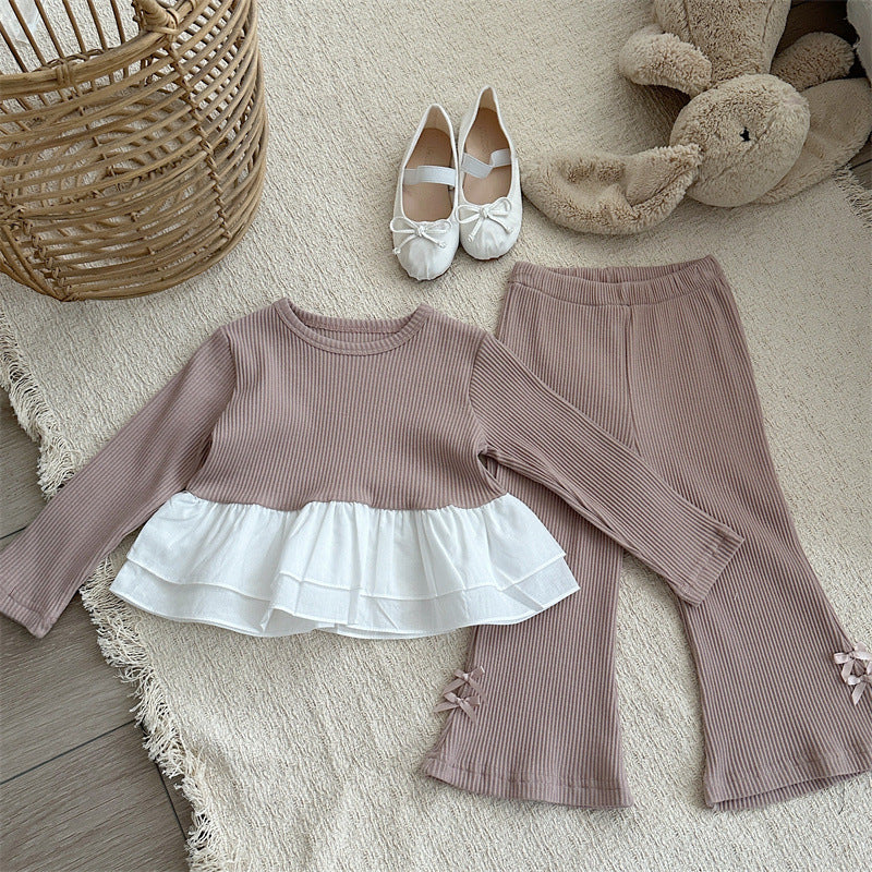 Conjunto de camiseta de manga larga acanalada con volantes y lazo para niña y pantalón acampanado【mh0014151】