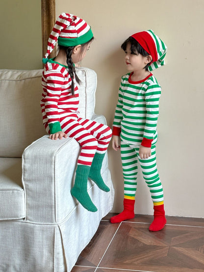 Kids' striped long-sleeve T-shirt, easy-fit long pants, and pom-pom motif cap: 3-piece set【mh0008100】