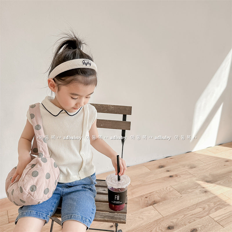 Kids' Ribbed Sleeveless T-shirt with Collar and Round Neck【mh0001795】