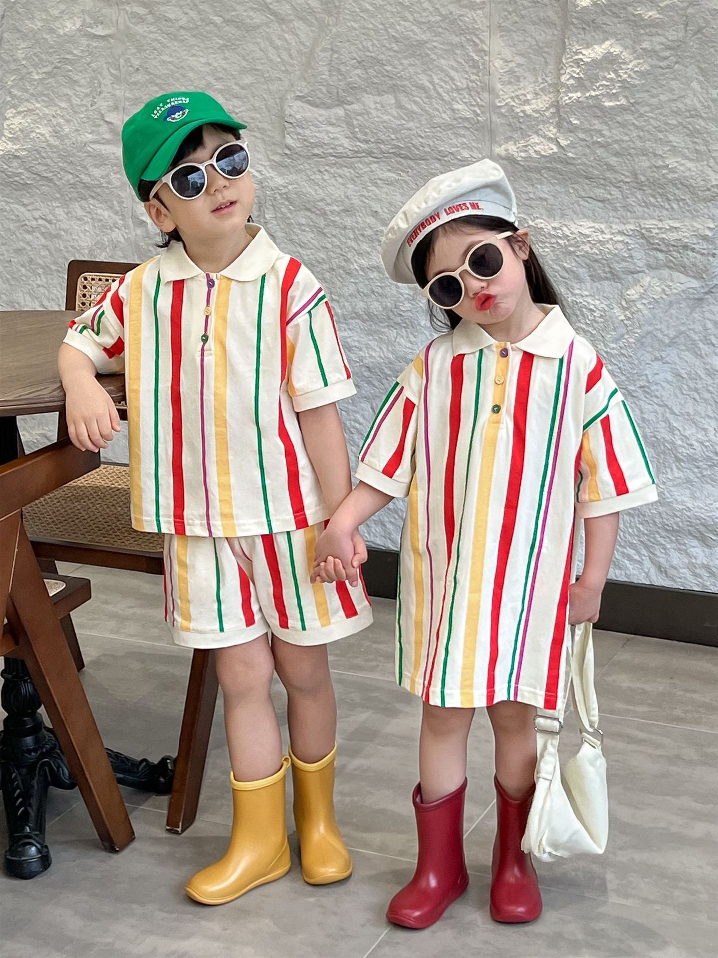 Polo de rayas de colores para niños, pantalón corto, vestido [mh0001948]