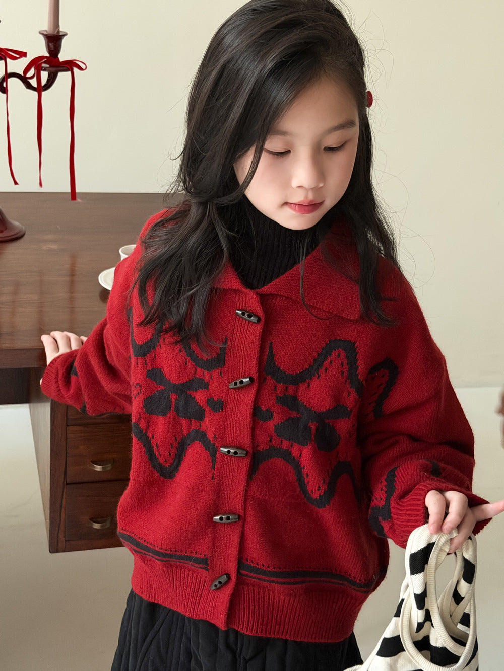 Knit jacket with collar, cherry print, thick cardigan, toggle buttons [mh0011863]