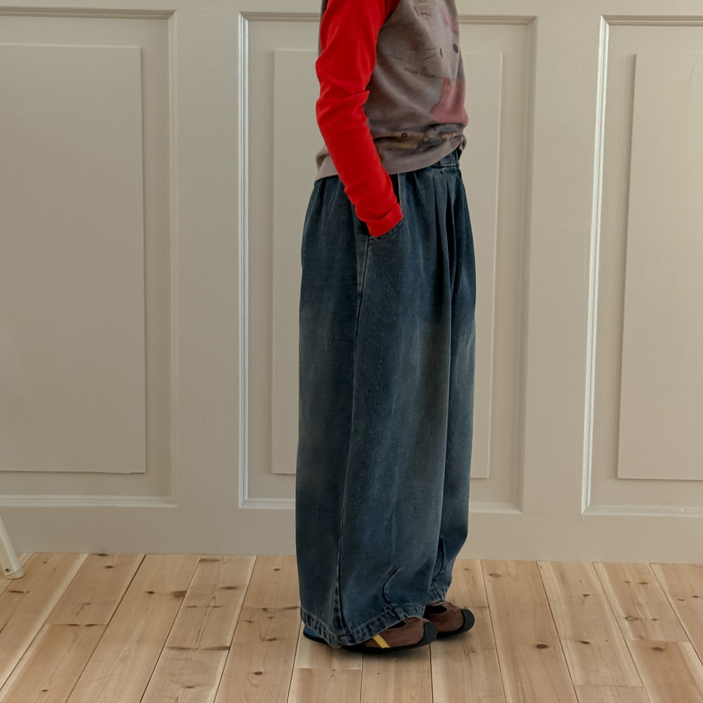 -プリーツ切り替えデニムワイドパンツジーンズ【mh0010767】 - mamahalo shop - デニムパンツ -  べビー服 - 子供服 - 男の子 - 女の子