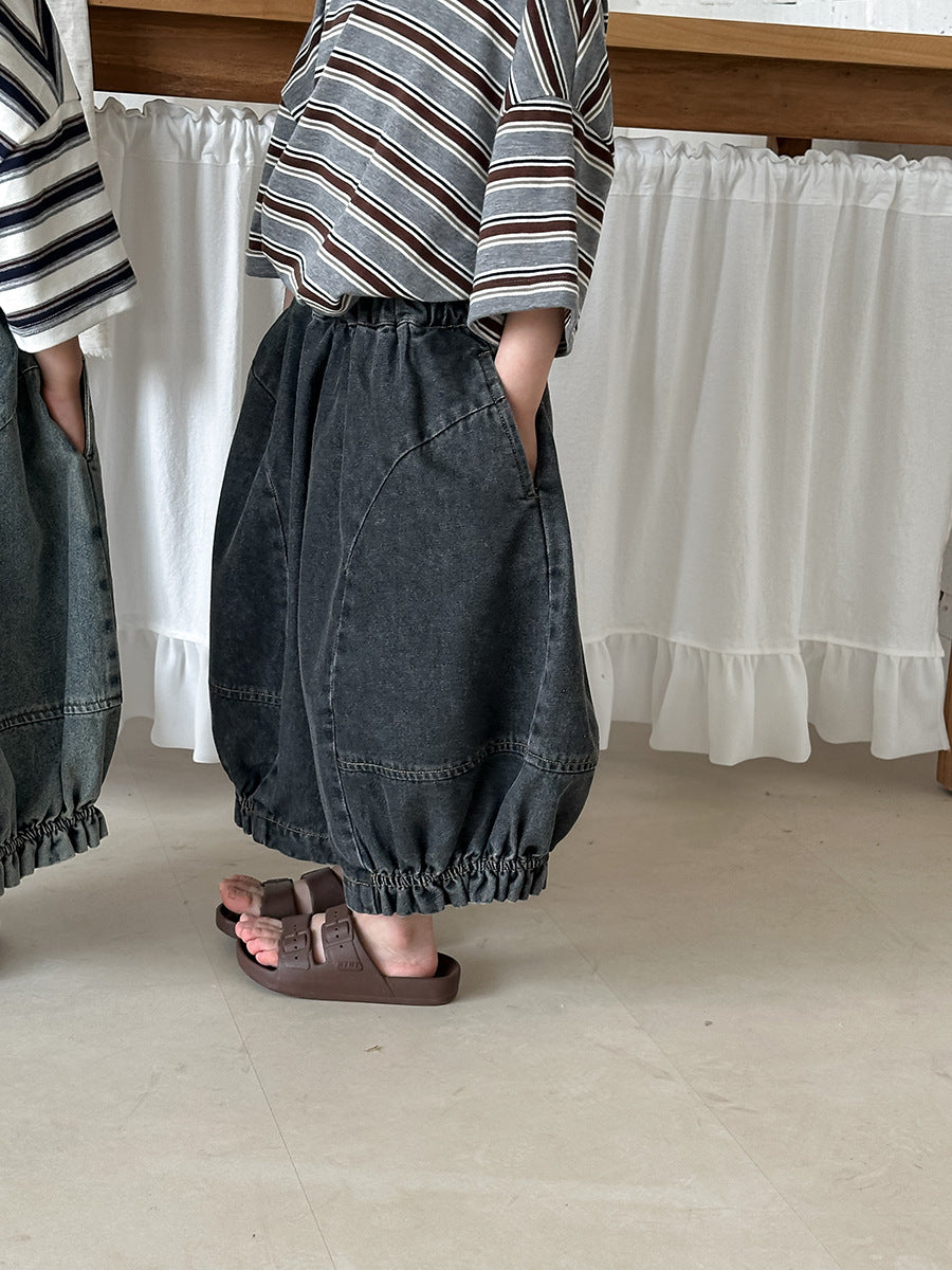 Gentered Pleated Elastic Denim Capris ウォッシュ クロップドパンツ【mh0013464】