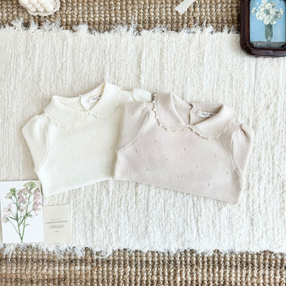 Jersey de punto para niños con cuello redondo, volantes, borde festoneado y calados [mh0014616]