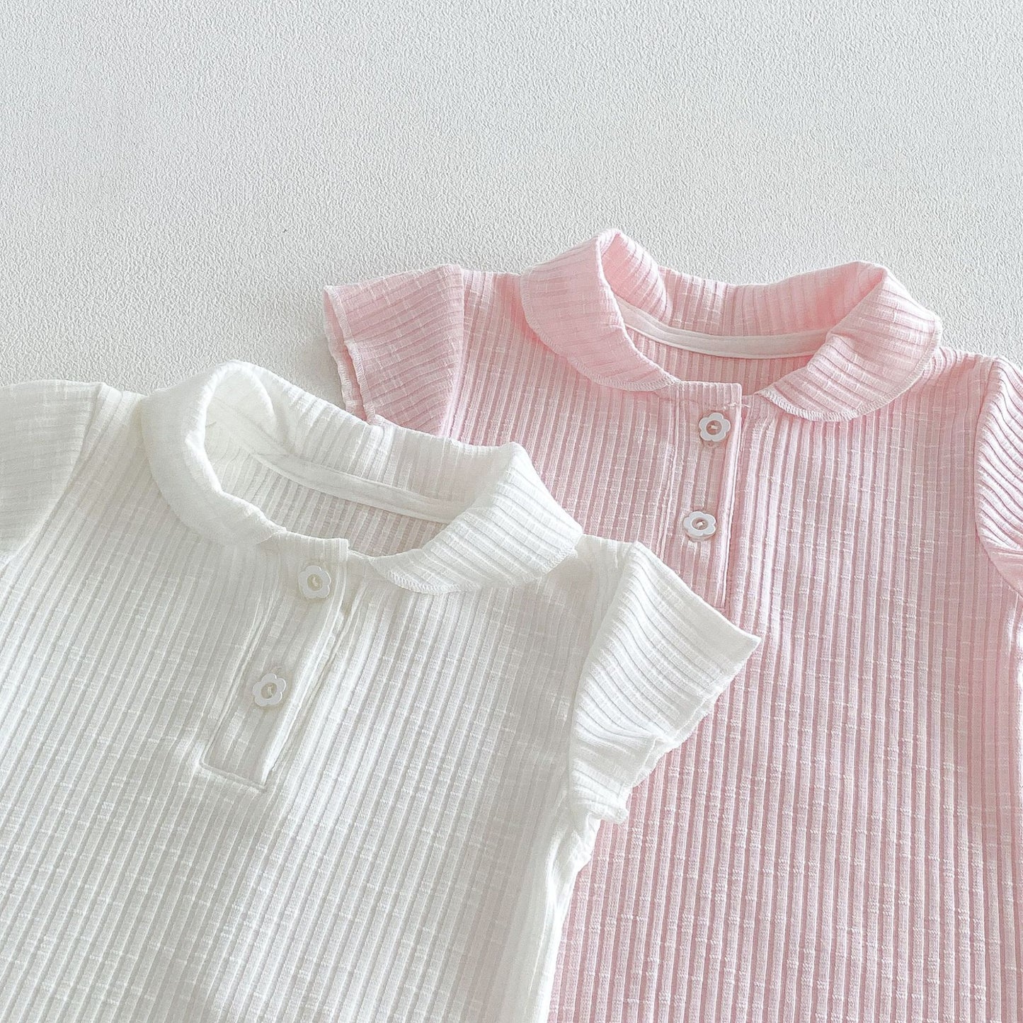 Ribbed Lapel Collar Puff Sleeve Polo Top メロウ 半袖ポロシャツ【mh0013431】