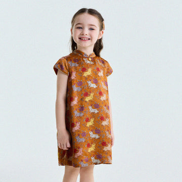 Retro Rabbit Elephant Pattern Stand Collar Dress アニマルプリント 半袖ワンピース【mh0013174】