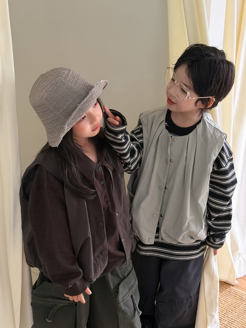 キッズ ジュニア レトロ ルーズ 前開き ボタン フラップポケット ベスト ジレ【mh0014382】