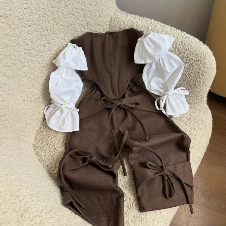 Kids' Corset-Style Puff-Sleeve Top + Ribbon Wide-Leg Long Pants Set [mh0014742]