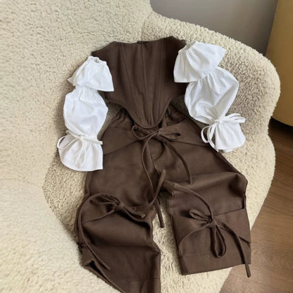 Kids' Corset-Style Puff-Sleeve Top + Ribbon Wide-Leg Long Pants Set [mh0014742]