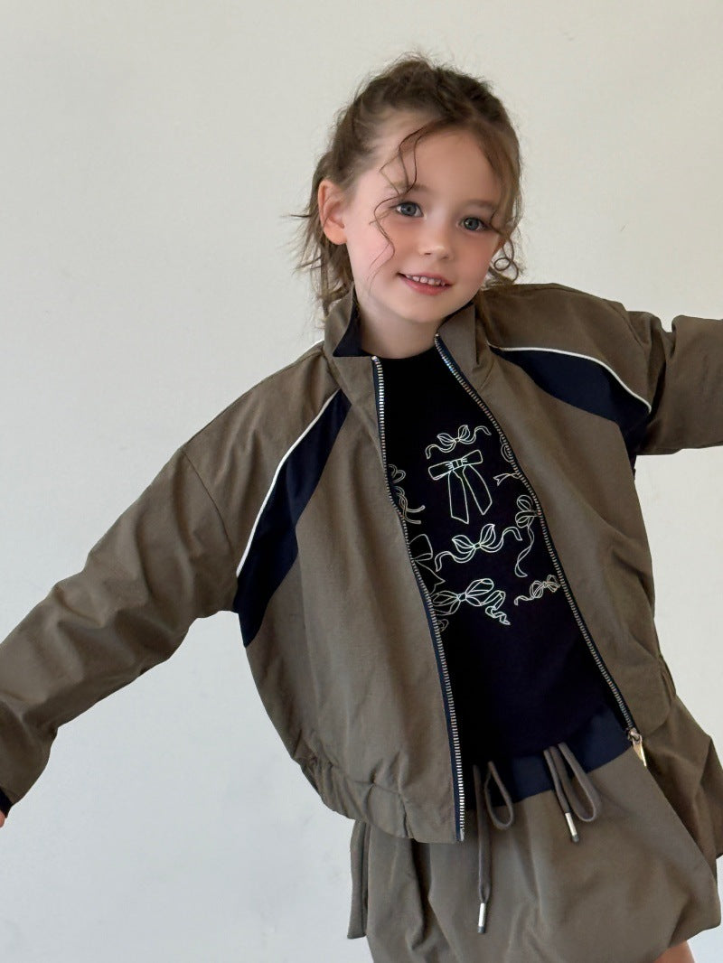 Kids' Colorblock Stand-Collar Long-Sleeve Jacket & Mini Skirt Set [mh0014079]