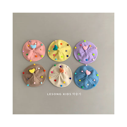 ベビー帽子 カラフルぽんぽん ハート ニット ベレー帽【mh0011842】