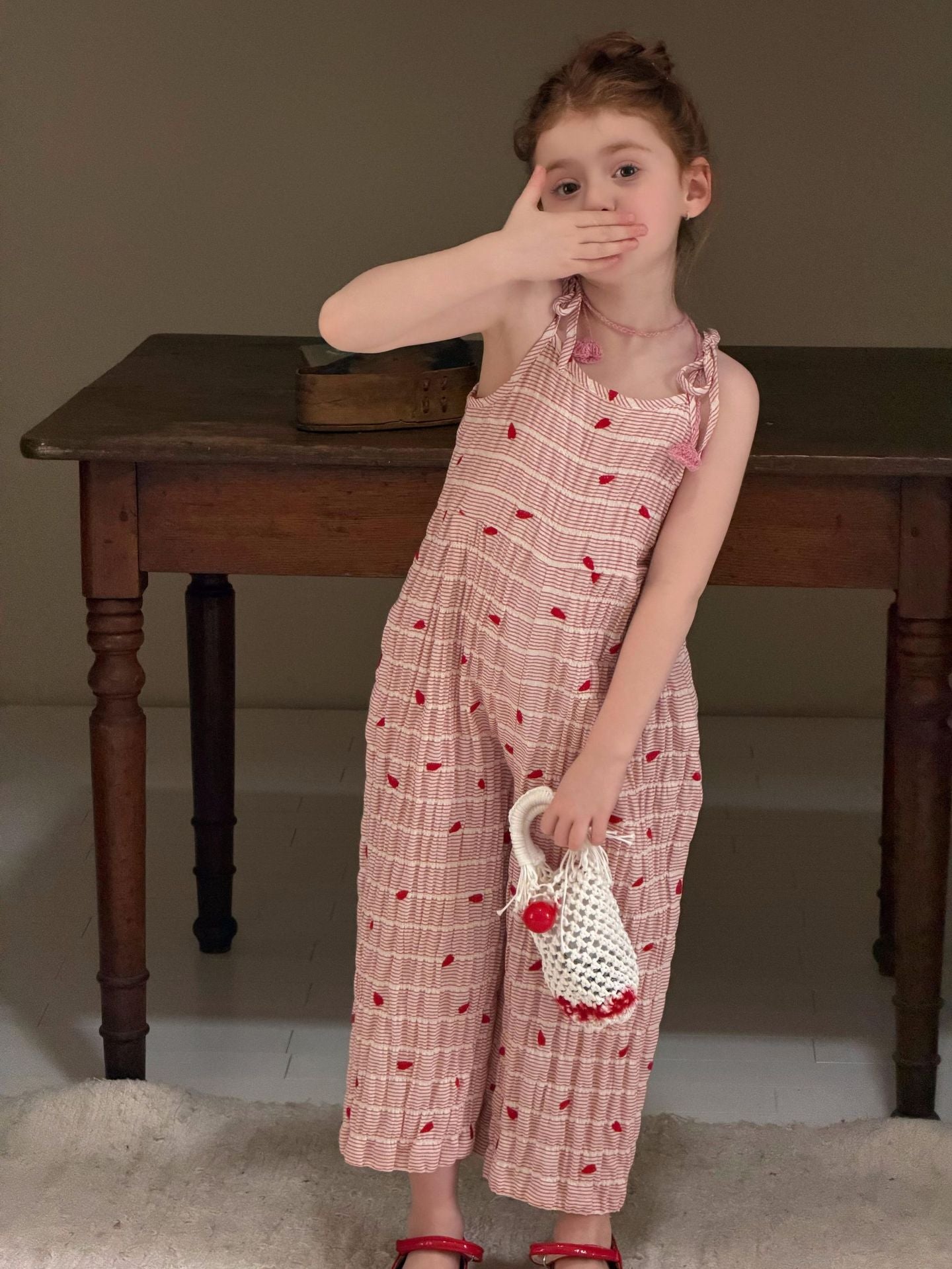 Red Stripe Heart Overalls ストライプ ハート クロップドパンツ【mh0012896】