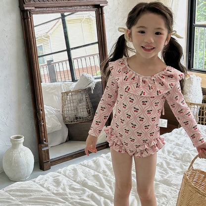 Long-Sleeve Cherry Print Ruffle Swimwear ラッフル 長袖ワンピース水着【mh0013334】