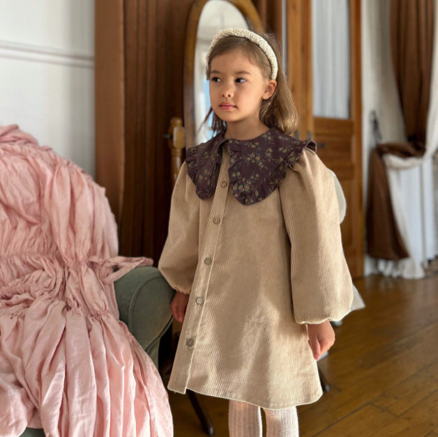 Kids' Floral Corduroy Long-Sleeve Dress with Floral Ruffle Collar【mh0014756】