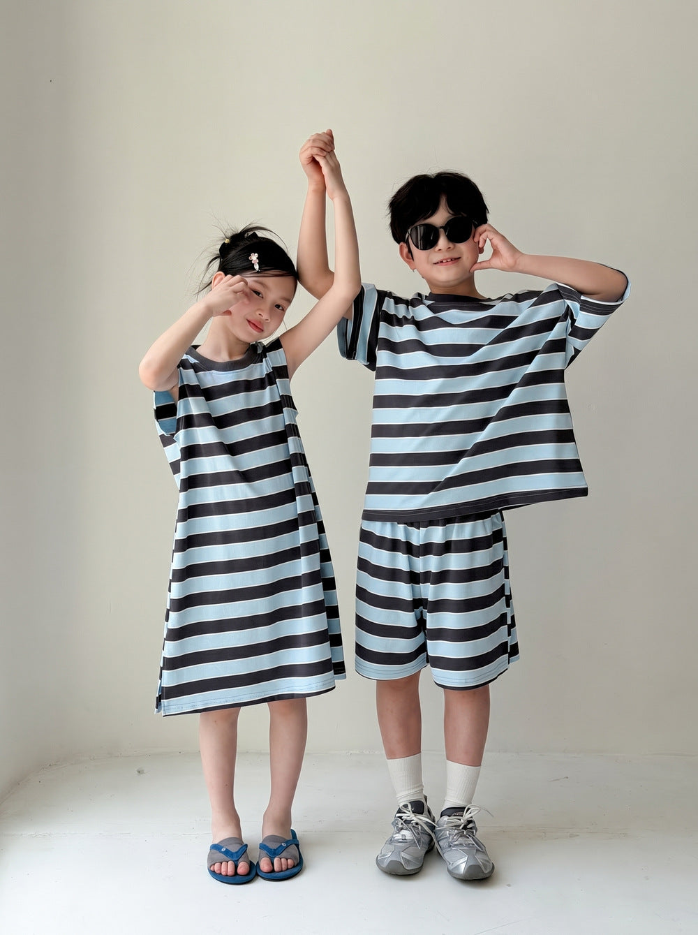 Casual Stripe Loose Dress Set ボーダー 半袖Tシャツ ハーフパンツ セット ノースリーブワンピース【mh0013537】