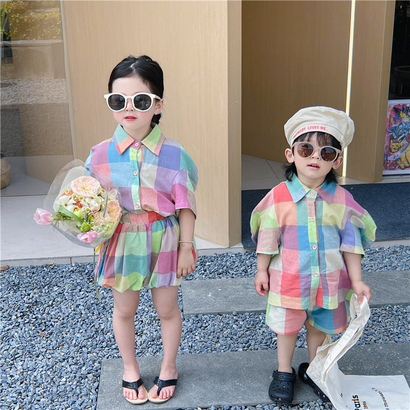 Kids' Checkered Short-Sleeved Shirt, Shorts, and Balloon Pants Set [mh0001742]