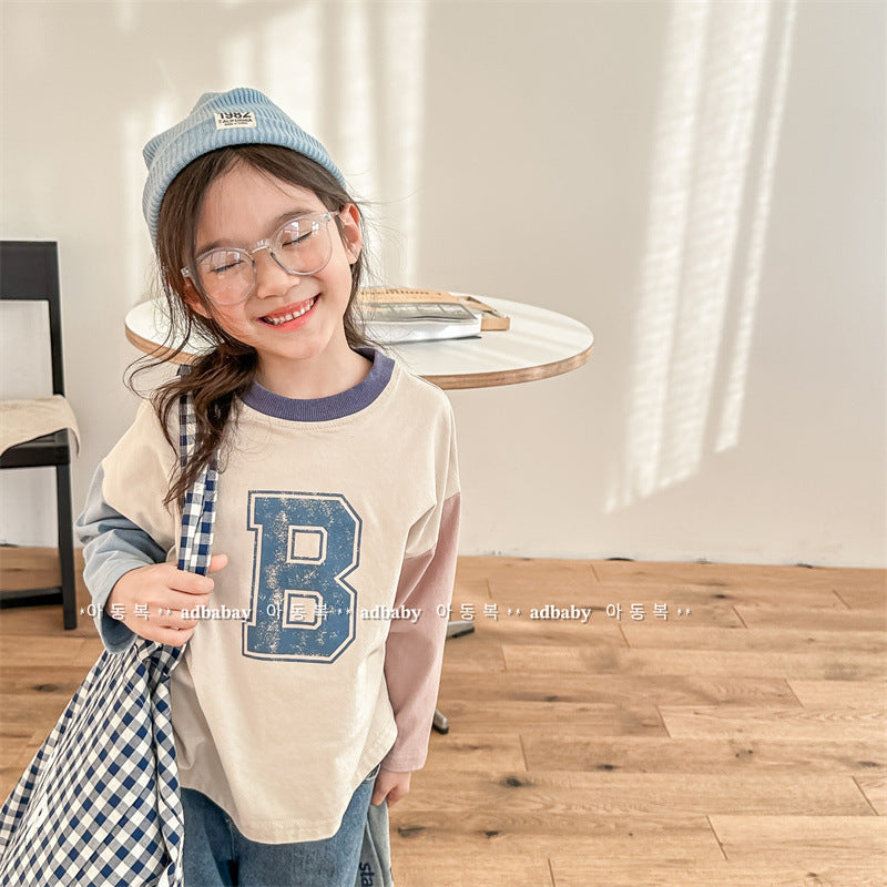 Kids Tops Long Sleeve T-Shirt Patchwork Letter Logo Print 2 Colors