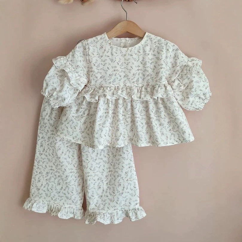 【mh0014750】2027 INS Ruso Top floral de muñeca de algodón para niñas + Pantalones anchos de encaje, Dos piezas francesas para niños